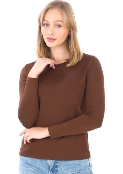 Kadın Bisiklet Yaka Viskon Likra Uzun Kollu Tişört-Kahve