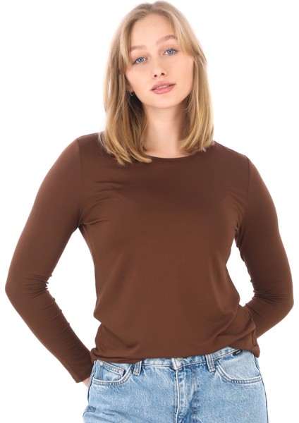 Kadın Bisiklet Yaka Viskon Likra Uzun Kollu Tişört-Kahve