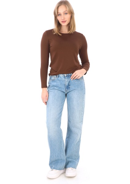 Kadın Bisiklet Yaka Viskon Likra Uzun Kollu Tişört-Kahve