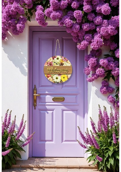 Rustik - Retro - Ahşap ve Aynalı Gold Pleksi Kapı Önü Süsü Welcome