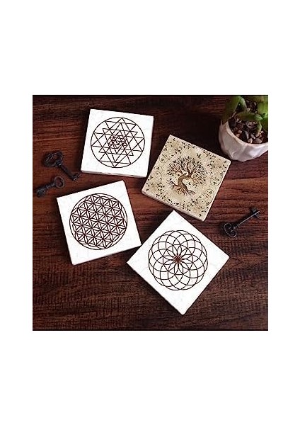 Yaşam Çiçeği, Sri Yantra, Hayat Ağacı Taş Bardak Altlığı Seti - 4 Parça - Dekoratif, Rustik Mutfak Aksesuarı, 10X10 Cm, Kaydırmaz Tabanlı, Şık ve Dayanıklı SC104