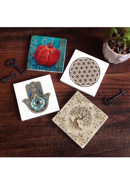 Yaşam Çiçeği, Hayat Ağacı, Nar, Fatma Ana Eli (Hamsa) Taş Bardak Altlığı Seti - 4 Parça - Dekoratif, Rustik Mutfak Aksesuarı, 10X10 Cm, Kaydırmaz Tabanlı, Şık ve Dayanıklı SC152