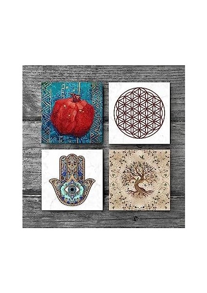 Yaşam Çiçeği, Hayat Ağacı, Nar, Fatma Ana Eli (Hamsa) Taş Bardak Altlığı Seti - 4 Parça - Dekoratif, Rustik Mutfak Aksesuarı, 10X10 Cm, Kaydırmaz Tabanlı, Şık ve Dayanıklı SC152