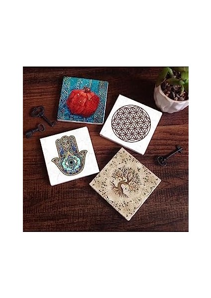 Yaşam Çiçeği, Hayat Ağacı, Nar, Fatma Ana Eli (Hamsa) Taş Bardak Altlığı Seti - 4 Parça - Dekoratif, Rustik Mutfak Aksesuarı, 10X10 Cm, Kaydırmaz Tabanlı, Şık ve Dayanıklı SC152