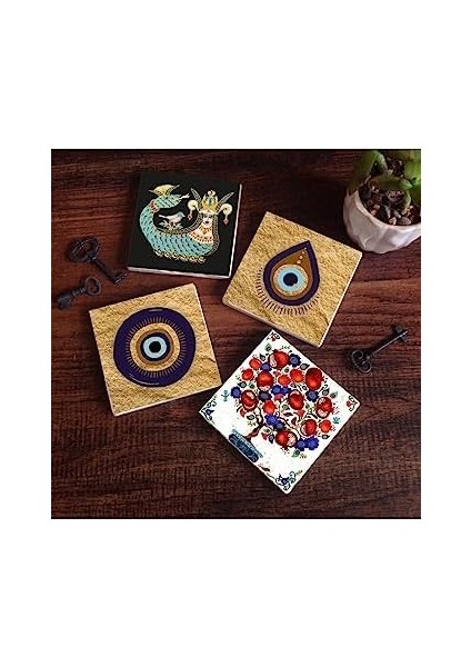 Nazar, Şahmeran, Nar Ağacı Taş Bardak Altlığı Seti - 4 Parça - Dekoratif, Rustik Mutfak Aksesuarı, 10X10 Cm, Kaydırmaz Tabanlı, Şık ve Dayanıklı SC525