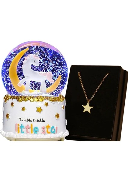 Unicorn Işıklı Kar Küresi ve Sihirli Yıldız Kolye Arkadaşa Hediye