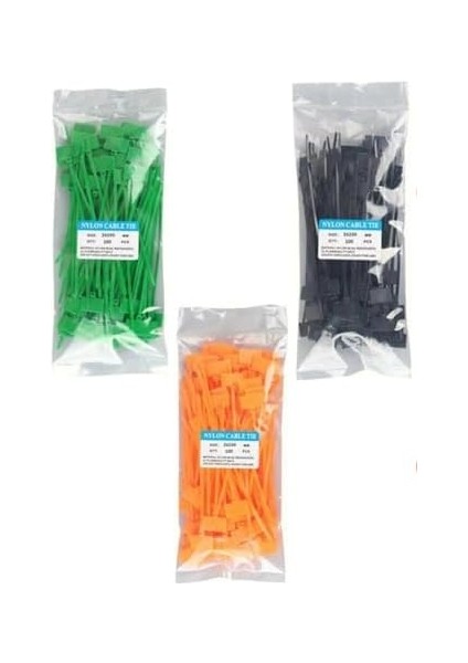 300 Adet 3 Renk Etiketli Elektrik Kablosu Kablo Bağı Klips Plastik Kelepçe Cırt Cırt Kelepçe 100X3MM Turuncu Siyah Yeşil