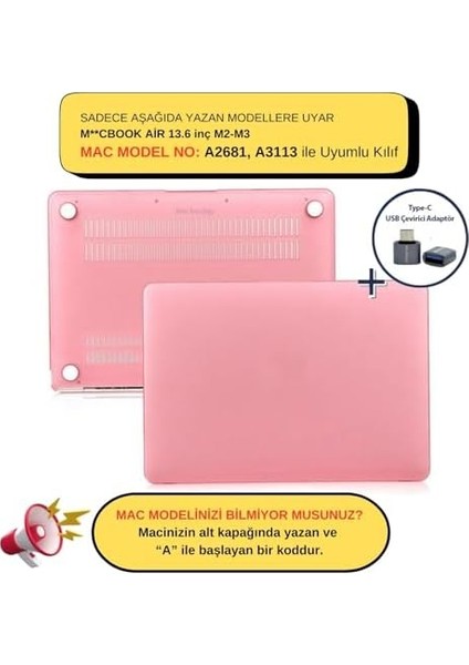 Macbook Air M2-M3 Kılıf 13.6 Inç Mat Kılıf (Touchıd'li Air M2-M3) A2681 A3113 ile Uyumlu Açık Pembe