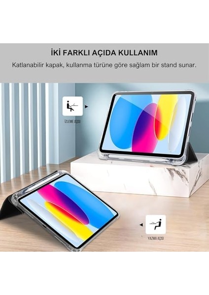 Apple iPad 10.9 Inç 2022 10. Nesil Uyumlu Smart Kılıf, Apple Pencil Kalemlikli, Trifold, Esnek, Mat, Darbeye Tam Dayanıklı Tablet Kılıfı (Siyah) modelleri