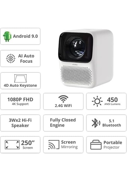 T2 Max Projeksiyon Cihazı Android, 450 Ansı Lümen, Otomatik Odaklama, Otomatik Köşe Düzeltme, Bluetooth Hoparlör Özellikli, Ekran Yansıtma, Kar Beyazı