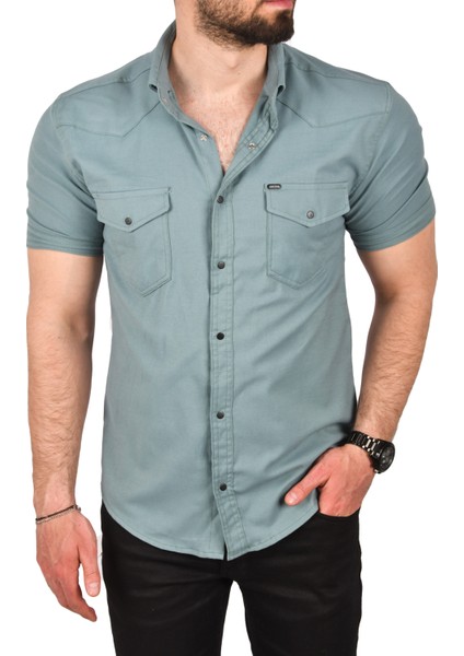 Slim Fit Pamuklu Likralı Kısa Kol Gömlek Kolay Ütülenebilir Çıt Çıtlı Cepli Spor Gömlek 2400253