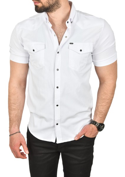 Slim Fit Pamuklu Likralı Kısa Kol Gömlek Kolay Ütülenebilir Çıt Çıtlı Cepli Spor Gömlek 2400253 fiyatları