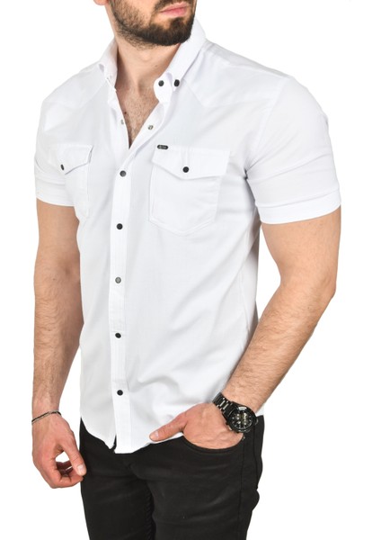 Slim Fit Pamuklu Likralı Kısa Kol Gömlek Kolay Ütülenebilir Çıt Çıtlı Cepli Spor Gömlek 2400253