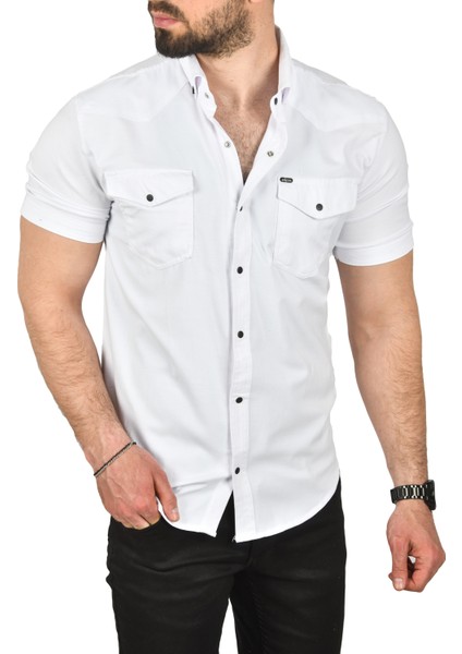 Slim Fit Pamuklu Likralı Kısa Kol Gömlek Kolay Ütülenebilir Çıt Çıtlı Cepli Spor Gömlek 2400253 fırsatları