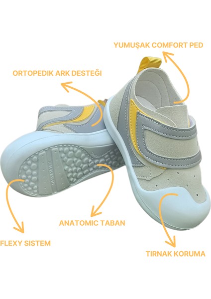 Bonitoshoes Ortopedik Ilkadım Günlük Gri-Sarı Bebek Ayakkabı(6 Ay-36 Ay)