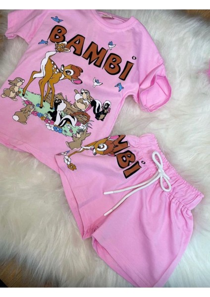 Kız Çocuk Bambi Yazlık Tişört Şort Pembe Ikili Takım