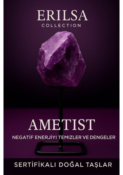 Sertifikalı Doğal Ham Ametist Taşı Standlı Obje – Negatif Enerjiyi Temizler ve Ruhsal Denge Sağlar