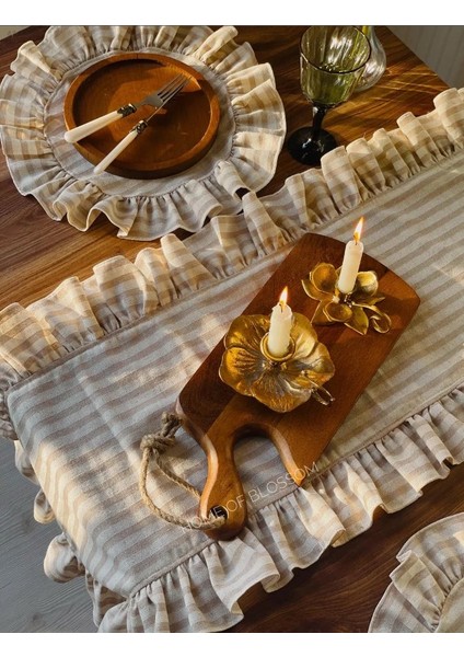 Fırfırlı Sütlü Kahve Çizgili Keten Runner 40 x 150