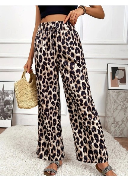 Kadın Yüksek Bel Beli Lastikli Bağcıklı Leopar Desenli Süprem Pantolon
