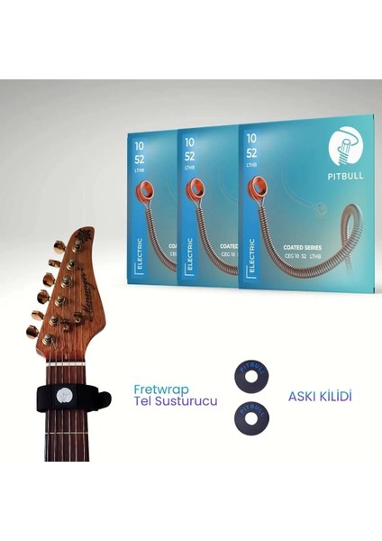 Coated Seri Elektro Gitar Teli Ceg 10-52 Lthb 3psfb 3'lü Set+Fretwrap+Askı Kilidi