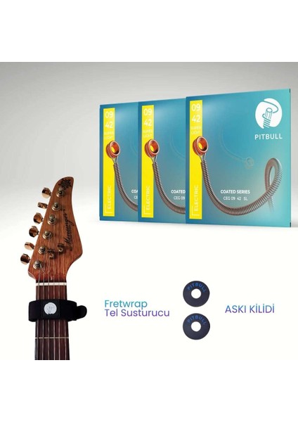 Coated Seri Elektro Gitar Teli Ceg 09-42 Sl 3psfb 3'lü Set+Fretwrap+Askı Kilidi