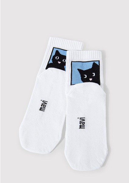 Kedi İşlemeli Beyaz Soket Çorap 1912724-70053