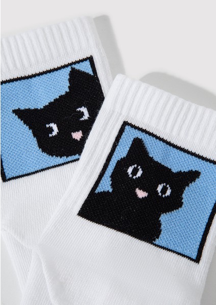 Kedi İşlemeli Beyaz Soket Çorap 1912724-70053