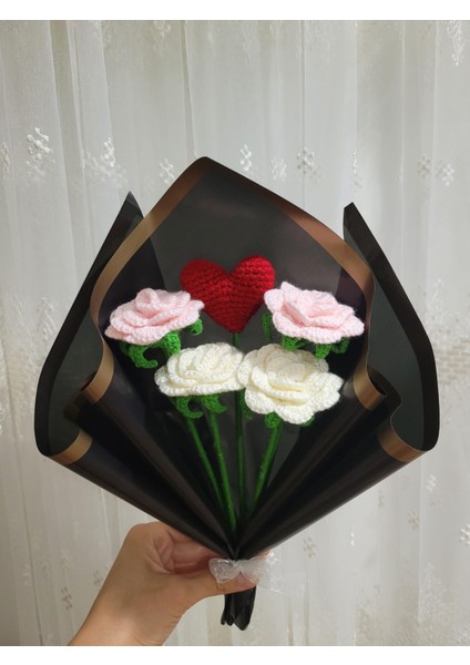 Örgü Çiçek Buketi, Kalpli Gül Buketi, Anneler Günü, Sevgililer Günü, Özel Günler Hediye Yapay Çiçek, Gıftandflowers