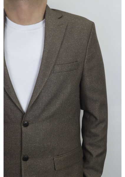Fistan Store Erkek Kahverengi Düz Spor Kesim Normal Kalıp Çift Düğme Çift Yırtmaçlı Blazer Ceket