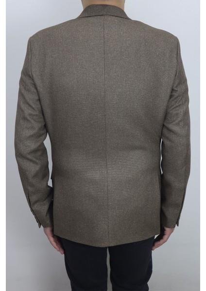 Fistan Store Erkek Kahverengi Düz Spor Kesim Normal Kalıp Çift Düğme Çift Yırtmaçlı Blazer Ceket