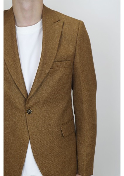 Fistan Store Erkek Camel Italyan Kesim Dar Kalıp Tek Düğme Yazlık Blazer Ceket