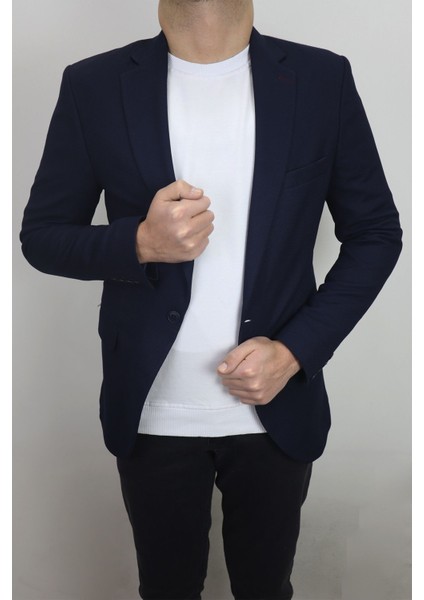 Fistan Store Erkek Lacivert Italyan Kesim Dar Kalıp Tek Düğme Çift Yırtmaçlı Blazer Ceket