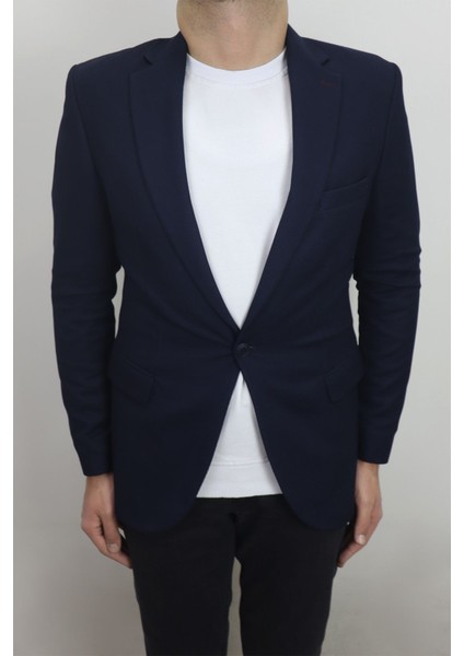 Fistan Store Erkek Lacivert Italyan Kesim Dar Kalıp Tek Düğme Çift Yırtmaçlı Blazer Ceket