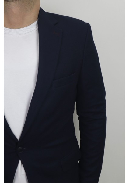 Fistan Store Erkek Lacivert Italyan Kesim Dar Kalıp Tek Düğme Çift Yırtmaçlı Blazer Ceket