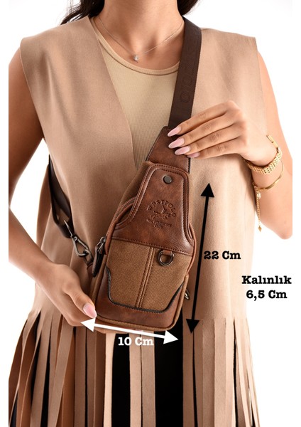 Unisex Vegan Deri Çapraz Göğüs ve Omuz Çantası Body Bag - Taba