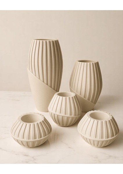 4’lü Çizgili Dekoratif Vazo Seti – El Yapımı Özgün Tasarım