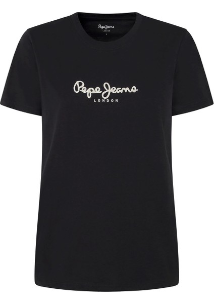 Bisiklet Yaka Baskılı Siyah Kadın T-Shirt PL505951