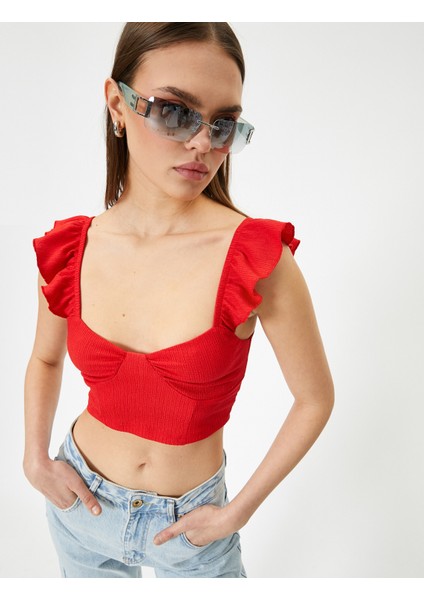 Yeni Sezon Fırfırlı Crop Büstiyer Arkası Bağlamalı Kolsuz Kalp Yaka Slim Fit Bürümcük