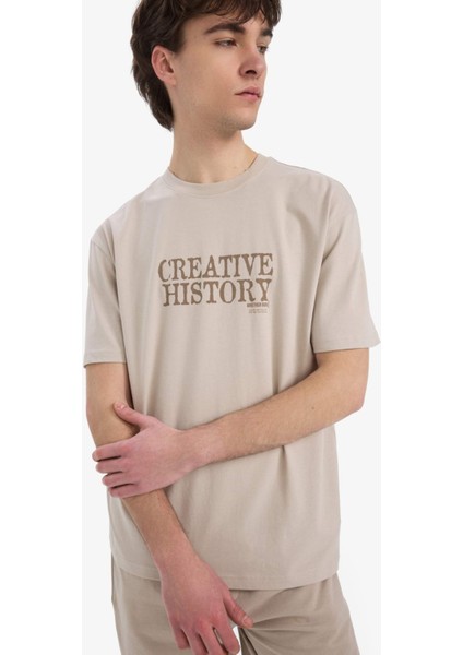 %100 Pamuk Regular Fit Bisiklet Yaka Baskılı Kısa Kollu Tişört E3780AX25SM