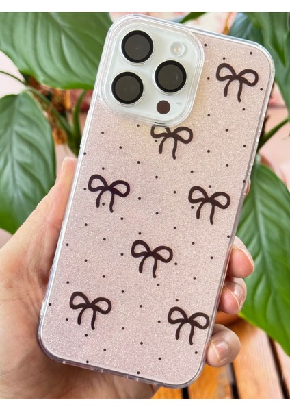 Apple iPhone 14 Pro Uyumlu Kılıf Simli Siyah Fiyonk Desenli Renkli Parlak Darbe Emici Kapak