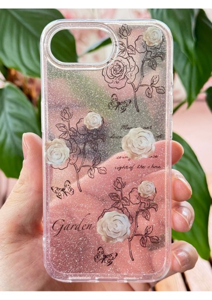 Apple iPhone 16E Uyumlu Kılıf Simli Beyaz Gül Desenli Renkli Parlak Darbe Emici Kapak fiyatları
