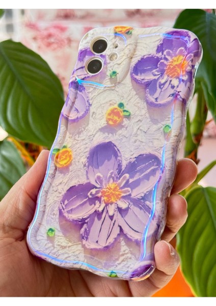 Apple iPhone 11 Kılıf Parlak Mor Çiçek Desenli Dalga Kenarlı Darbe Emici Kapak modelleri