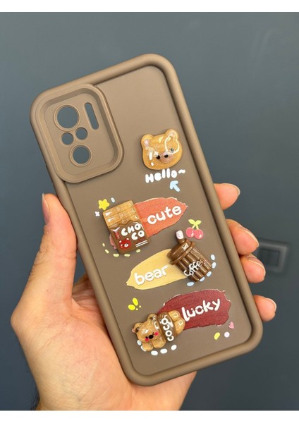 Xiaomi Redmi Note 10/10S Uyumlu Kılıf Tasarımlı Desenli Kamera Korumalı Ayıcık Kahve Renkli Yumuşak Kapak