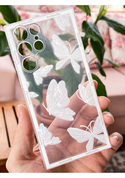 Samsung Galaxy S23 Ultra Kılıf Şeffaf Kelebek Tasarımlı Desenli Kamera Korumalı Silikon Kapak