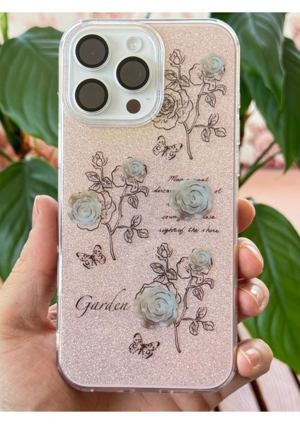 Apple iPhone 15 Pro Max Uyumlu Kılıf Simli Beyaz Gül Desenli Renkli Parlak Darbe Emici Kapak