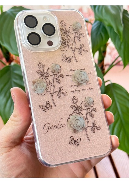 Apple iPhone 15 Pro Max Uyumlu Kılıf Simli Beyaz Gül Desenli Renkli Parlak Darbe Emici Kapak