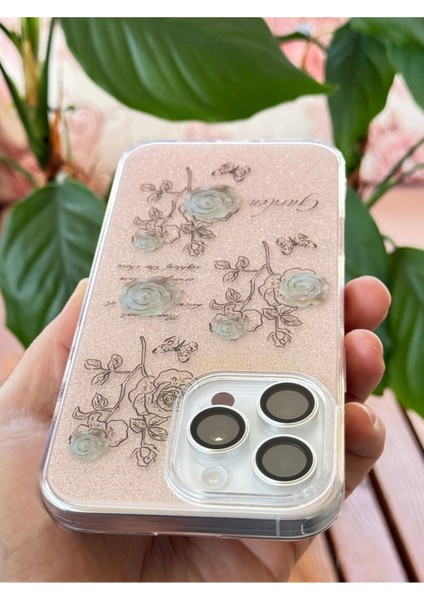 Apple iPhone 15 Pro Max Uyumlu Kılıf Simli Beyaz Gül Desenli Renkli Parlak Darbe Emici Kapak