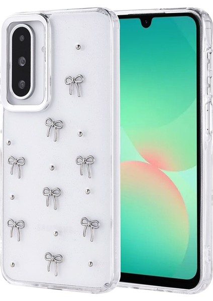 Samsung Galaxy A26 Uyumlu Kılıf Fiyonk Desenli Şeffaf Simli Gümüş Kamera Çıkıntılı Parlak Kapak