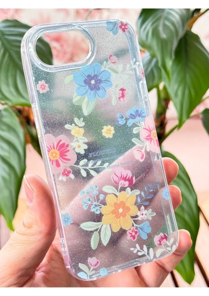 Apple iPhone 16E Uyumlu Kılıf Mavi Simli Çiçek Desenli Renkli Parlak Darbe Emici Kapak