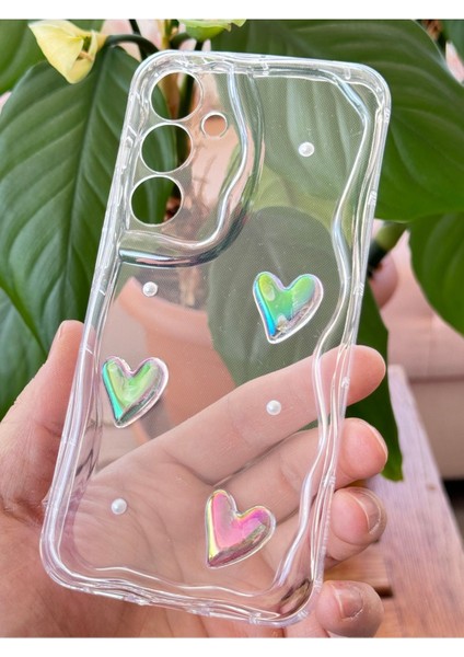 Samsung Galaxy S23 Fe Kılıf 3D Kalpli Inci Tasarımlı Desenli Kamera Korumalı Şeffaf Silikon Kapak